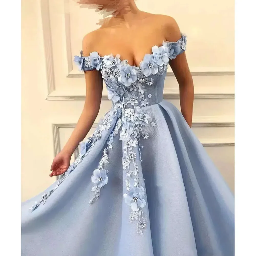 

Elegant Sky Blue Floral Applique Decoration Dress A-line V-Neck Straight To Floor Evening Formal Evening Party Prom Dresses