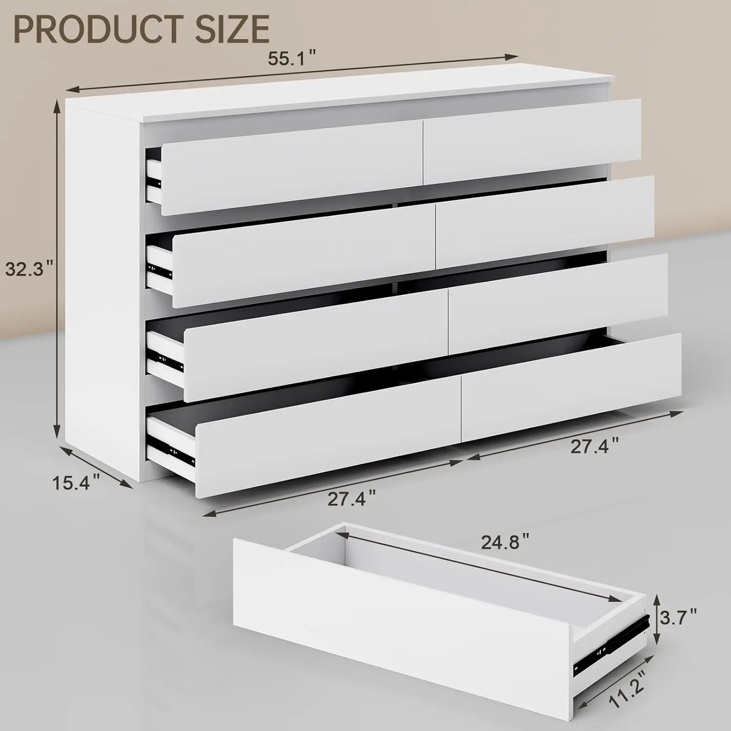 White Wood Dresser for Bedroom, Living Room, Entryway - 8 Wide Drawers, TV Stand Compatible