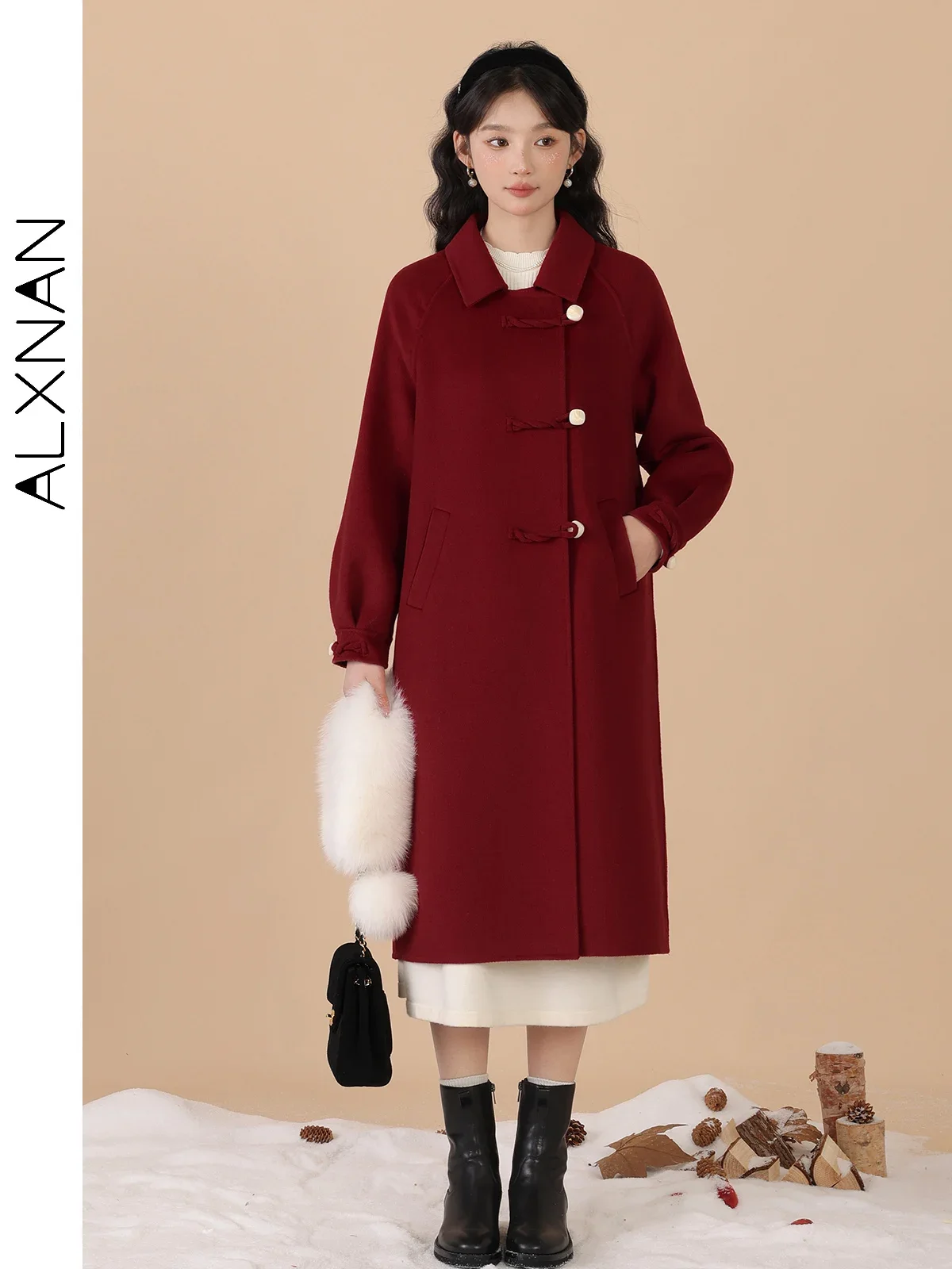 

ALXNAN Woman's Woolen Coat Soft Double Face Lapel Collar Long Coats New Raglan Sleeves Autumn Winter Vintage Outerwear LXN31902