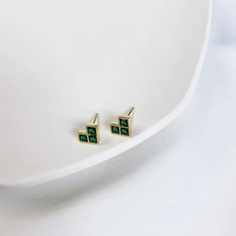 S925 sterling silver plated 14k gold heart-shaped grandmother green stud earrings female geometric square diamond temperament