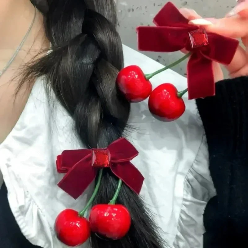 1/4pcs Red Velvet Cherry Hairpins Resin Fruit Girls Bow Hairbows Ornament Versatile Sweet Pastoral Hair Clip Hair Accessories