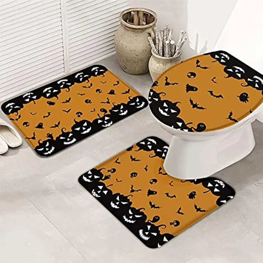 3 Piece Bathroom Rugs Set Ultra Soft Non Slip Bath Rug, Contour Mat, Lid Cover Happy Halloween Grimace Pumpkin with Bat