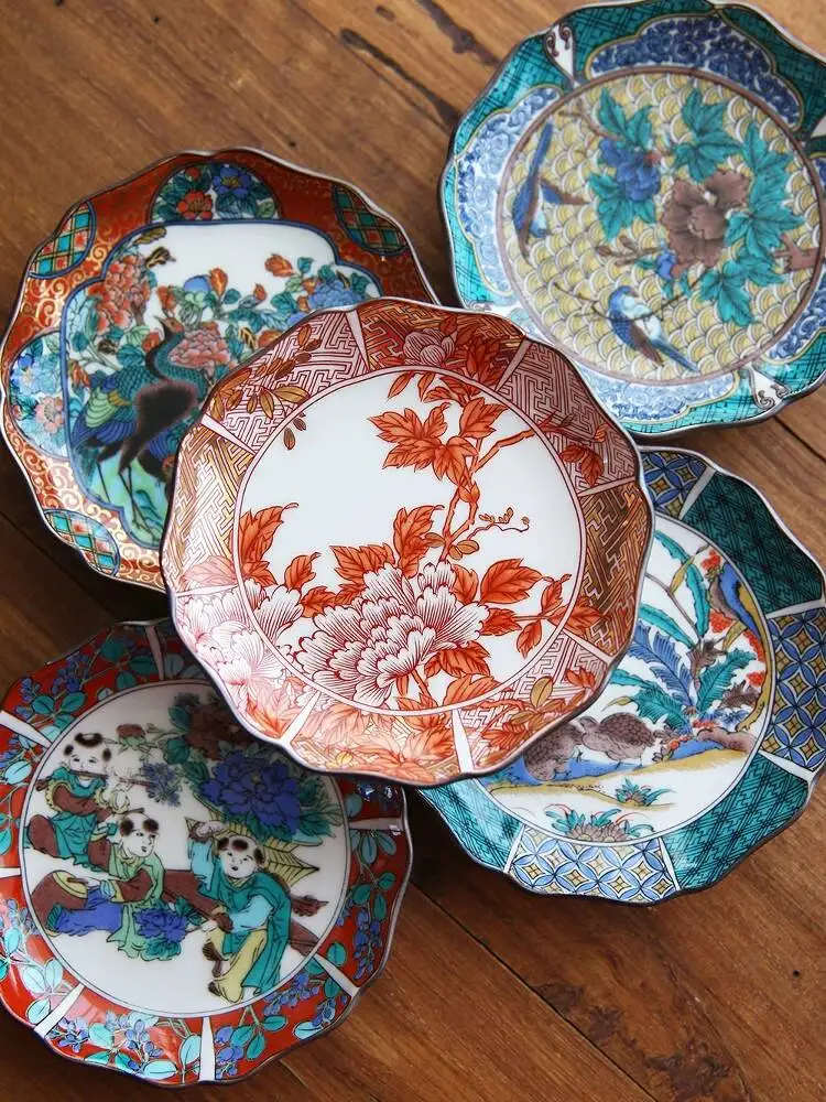 In Stock Japanese Imported Ware Era Painting Series Ancient Kutani Style Ceramic Small Tea Snack Dessert Plate