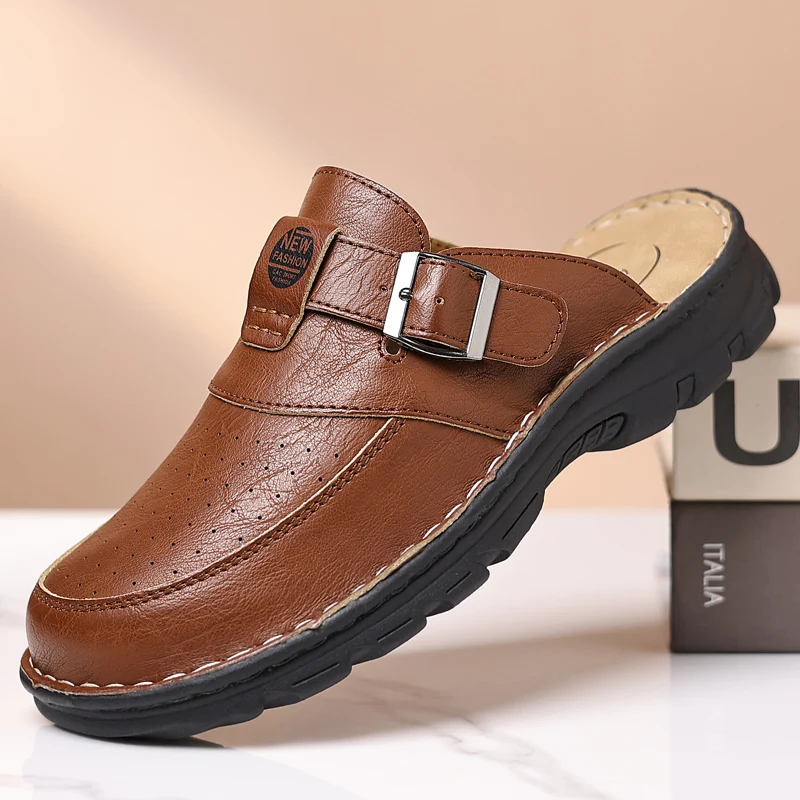 Atmungsaktive, perforierte Clog-Sandalen für Herren mit verstellbarem Schnallenriemen, leichter, bequemer Slip-On-Schuh für Freizeitkleidung und den Innenbereich. – Detail 6