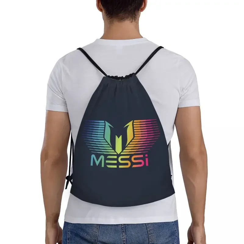 Benutzerdefinierte Messis 10, Regenbogen-Fußball-Kordelzugtaschen für Damen und Herren, leichter Aufbewahrungsrucksack für Fußball, Sport, Fitnessstudio