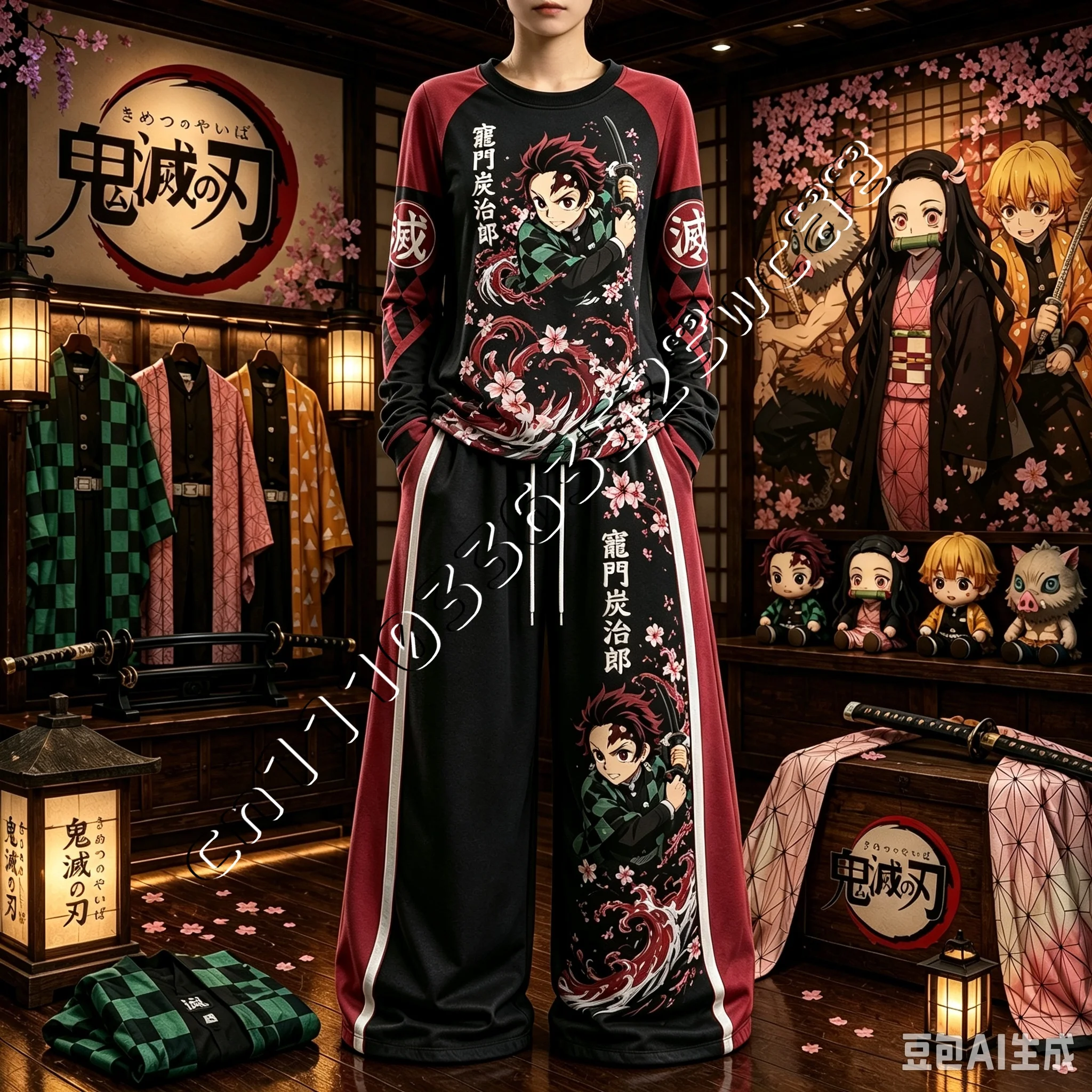 26/27 New Demon Slayer Tanjiro Nezuko Inosuke Long Sleeve Set Spring Autumn Anime Print Loose Unisex  FamilyMatching