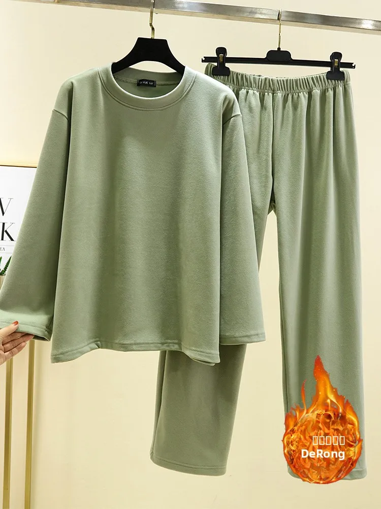 

Warm Fleece Lined Home Clothes Set Women's Oversize Loose Fit Casual Long Sleeve Long Pants round Neck Sleepwear for Winter