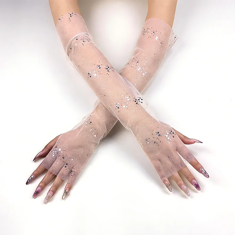 Lady's lace gloves with transparent fingerless sleeves, breathable mesh, sun protection sequin and stud detailing, hollow design