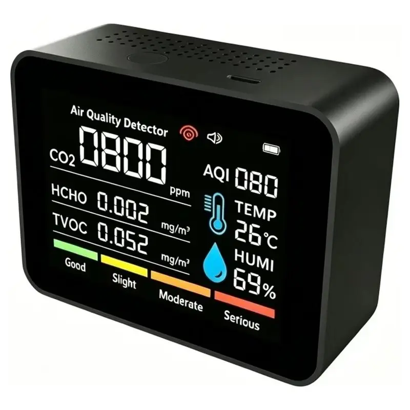 ABXF-CO2 TVOC HCHO PM2.5 PM1.0 PM10 Smoke Temperature Humidity Detector 10 In 1 Air Quality Monitor CO2 Meter Black