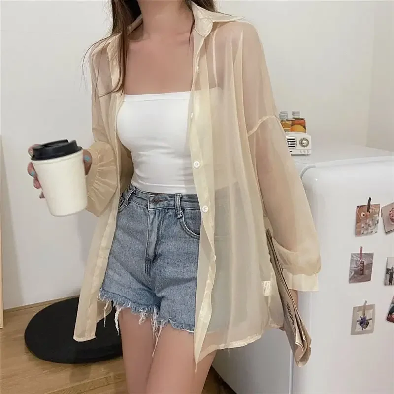 Glossy See Through Shirt for Women Blouse Long Sleeve Lightweight Sheer Organza Tops Ladies Casual Summer Cover Up Outfit