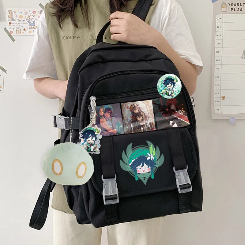 Genshin Impact Paimon Klee Barbatos Hutao Cosplay studenti borsa da scuola zaino da cartone animato grande capacità con Badge carta regalo in peluche