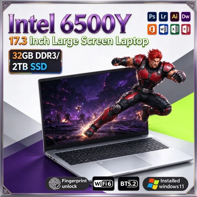 Hot New 2026 17.3 Inch Big Display Notebook Intel Core 6500Y 16/32GB 2TB Win11 Slim Work Gaming Laptop