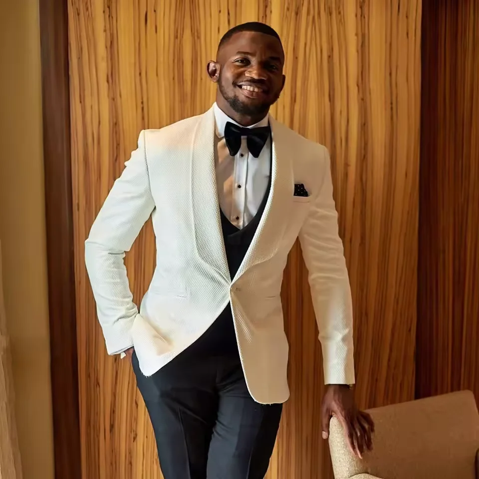 

3-piece elegant men's set white wedding dress ball men's set jacket vest with black pants slim fashion clothing set