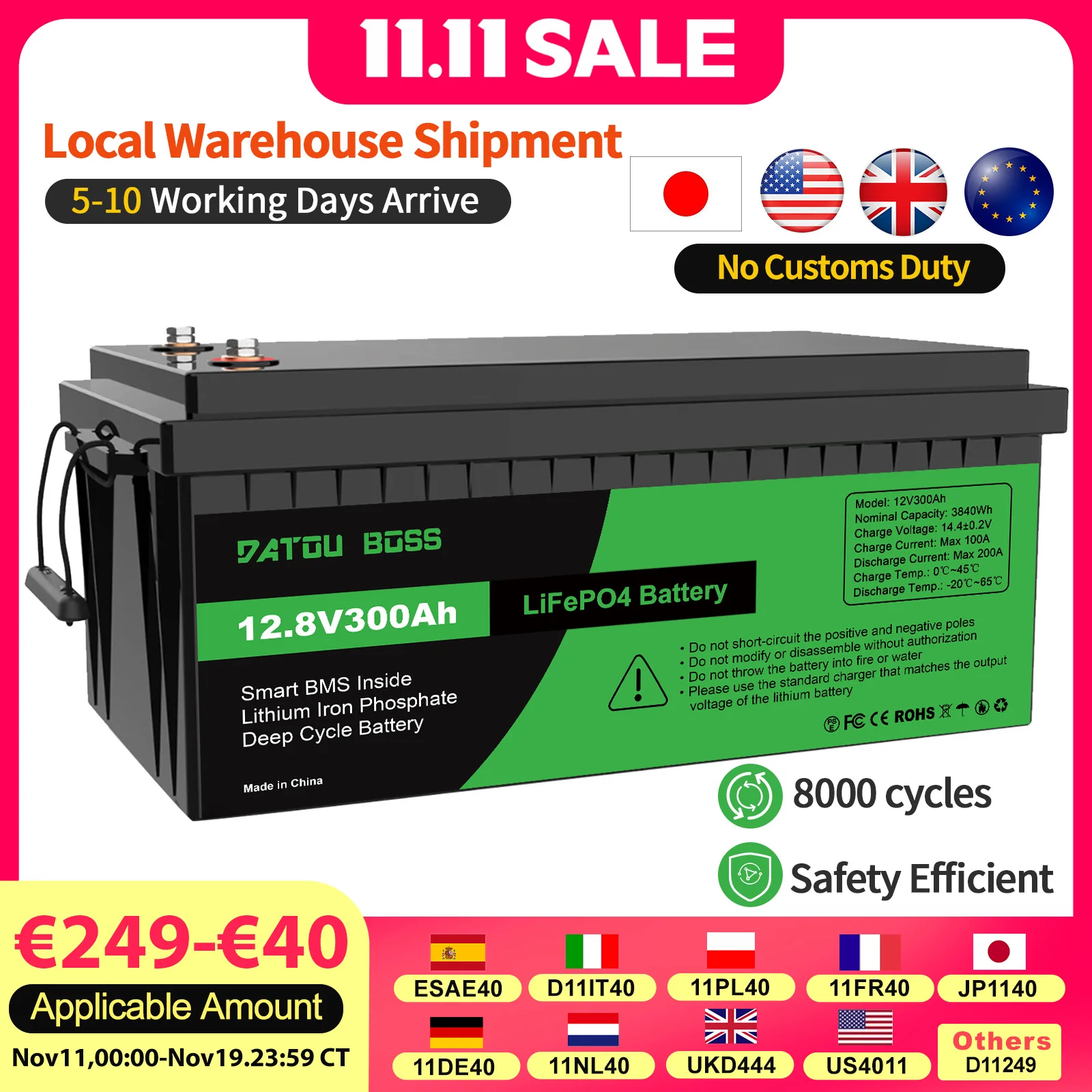 بطارية MFUZOP LiFePO4 12 فولت مع BMS 8000 دورة، بطارية ليثيوم 100 أمبير 200 أمبير 300 أمبير للمنزل المتنقل، النظام الشمسي، القارب، المنزلية، سول