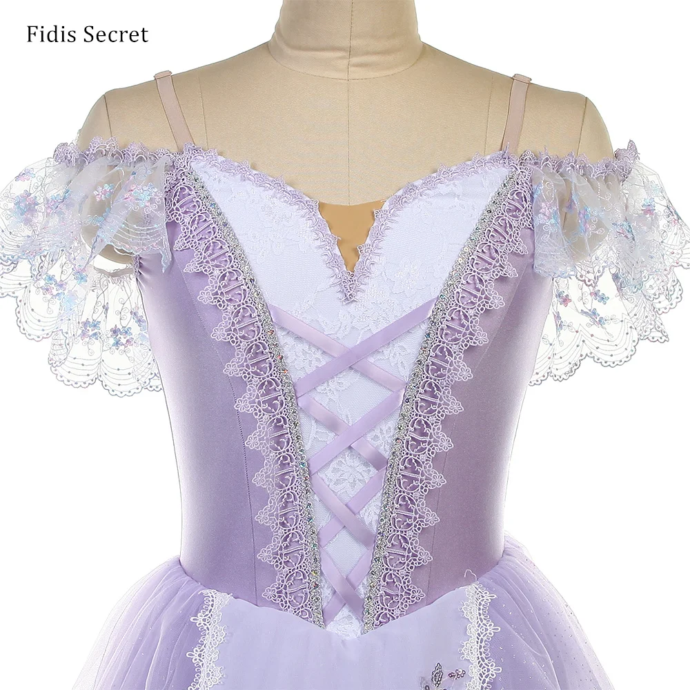 أزياء تنورات قصيرة باليه رومانسية طويلة على طراز الفلاحين باللون الأرجواني الفاتح للفتيات، ملابس راقصة الباليه نابولي/ملابس مسرح المنافسة