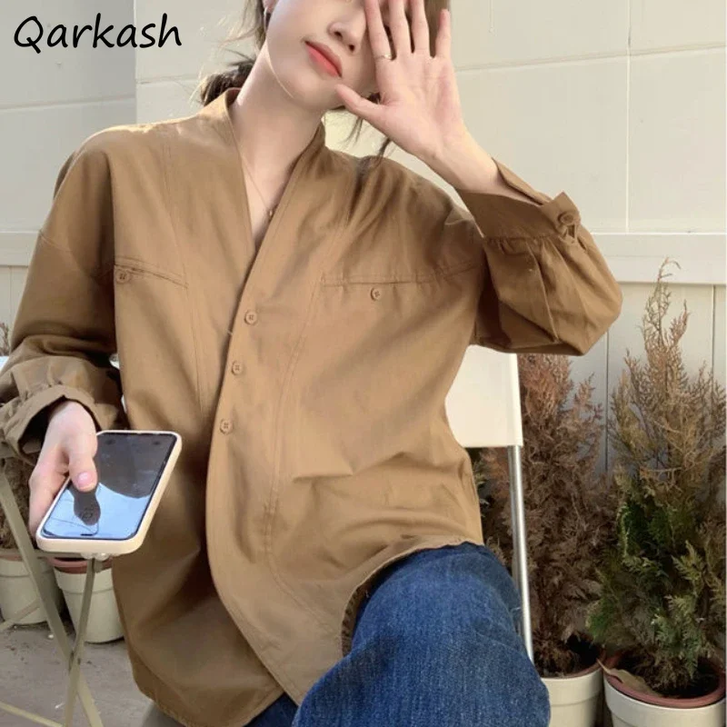 

V-neck Shirts Women Loose Solid Fake Pockets Design Irregular Buttons Long Sleeve Tops Spring Autumn Minority Office Lady Chic