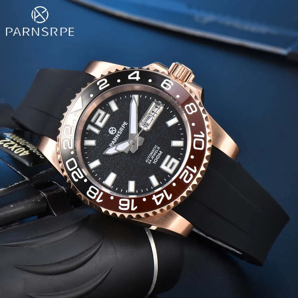 

PARNSRPE Men's premium rose gold business watch sapphire glass Japan NH36 dual display movement rubber strap