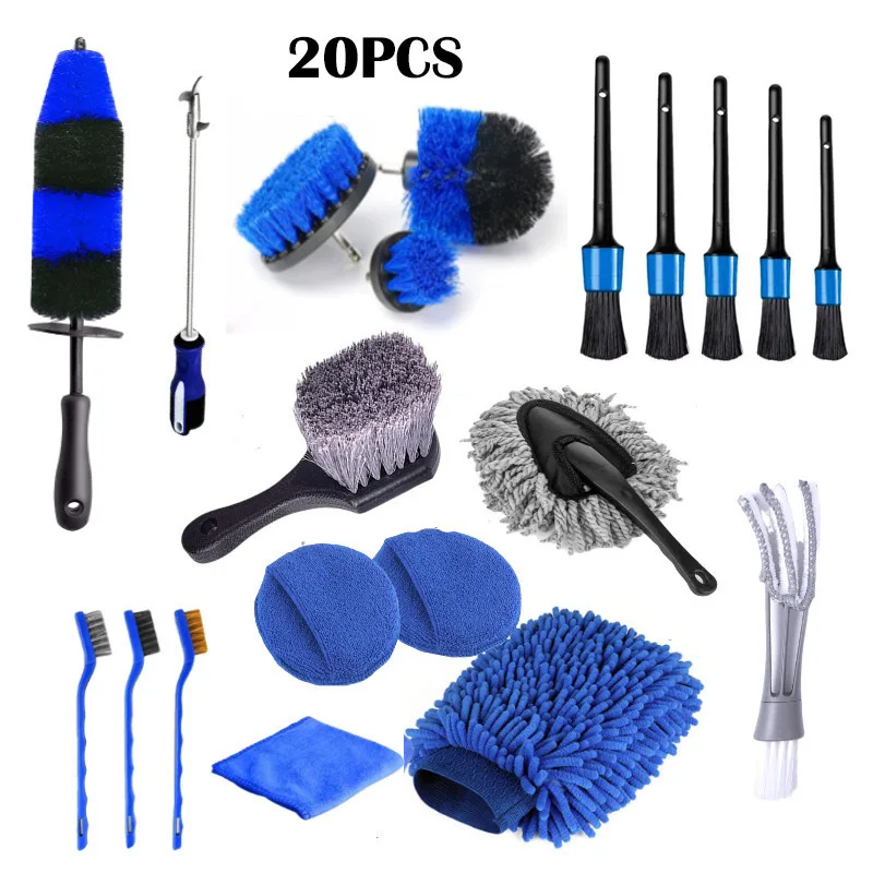 

20-Piece Set Of Car Detailing Tools Combo Interior Dusting Cleaning Brush Microfibre Gloves Wheel Drill Brush