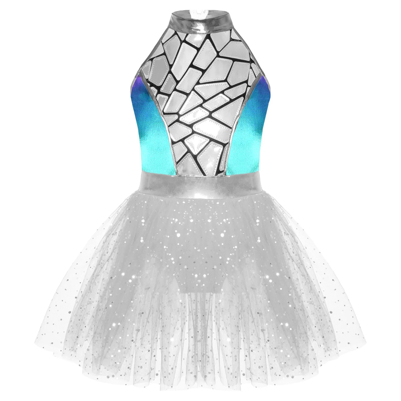 

Girls Alien Costume Shiny Metallic Halter Sleeveless Mesh Sequin Leotard Tutu Dress Halloween Cosplay Outerspace Future World