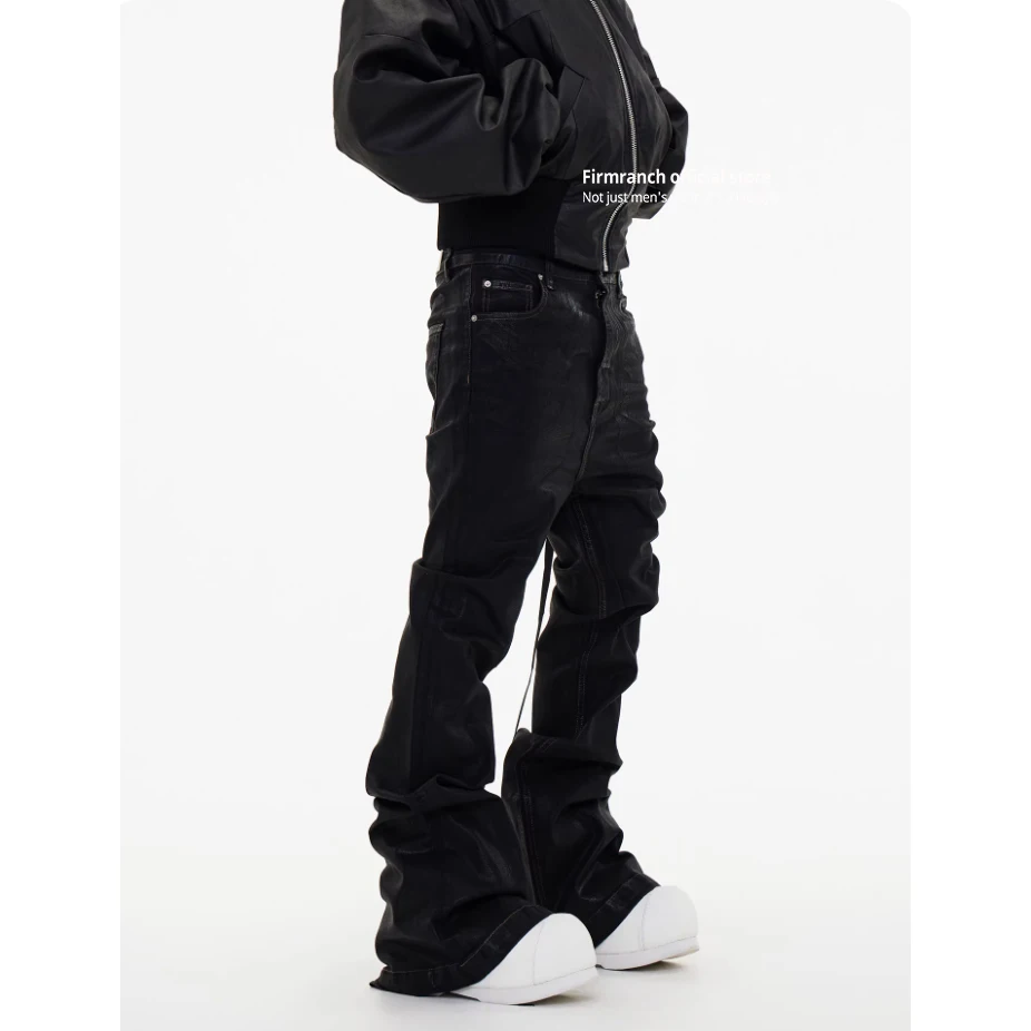 Firmranch American High Street Punk Dark Style Oil Wax-Coated Streamer Wide-Leg Slightly Flared Stacked Jeans For Men Women