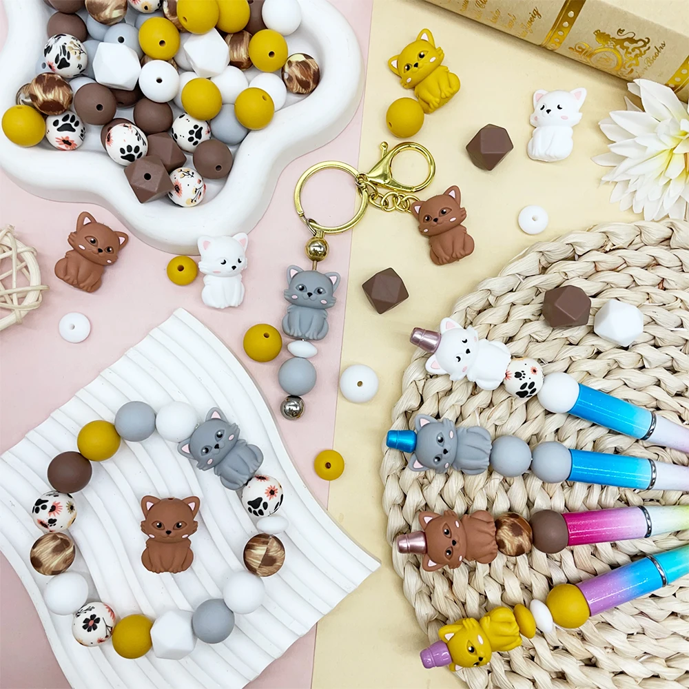 25/68PCS 3D Cute Cat Silicone Bead Set, Perfect for DIY Handmade Crafts Such as Keychains, Necklaces, Bracelets, Etc