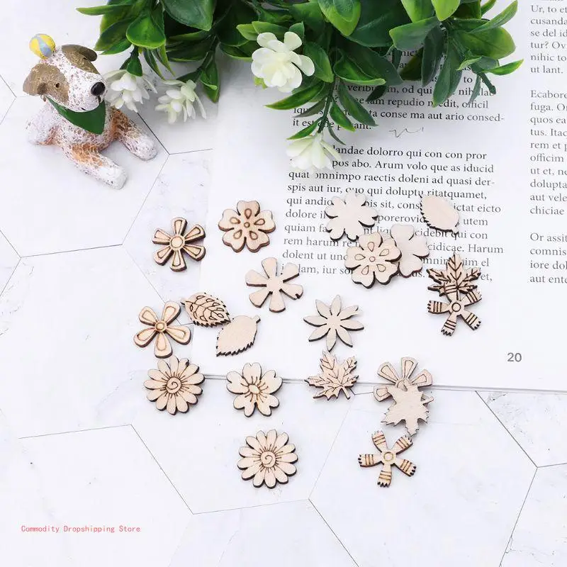 100 Pcs/Set Wooden Flower Leaves Cutouts Unfinished Slices DIY Accessories for Farmhouse Indoor Outdoor Decorations