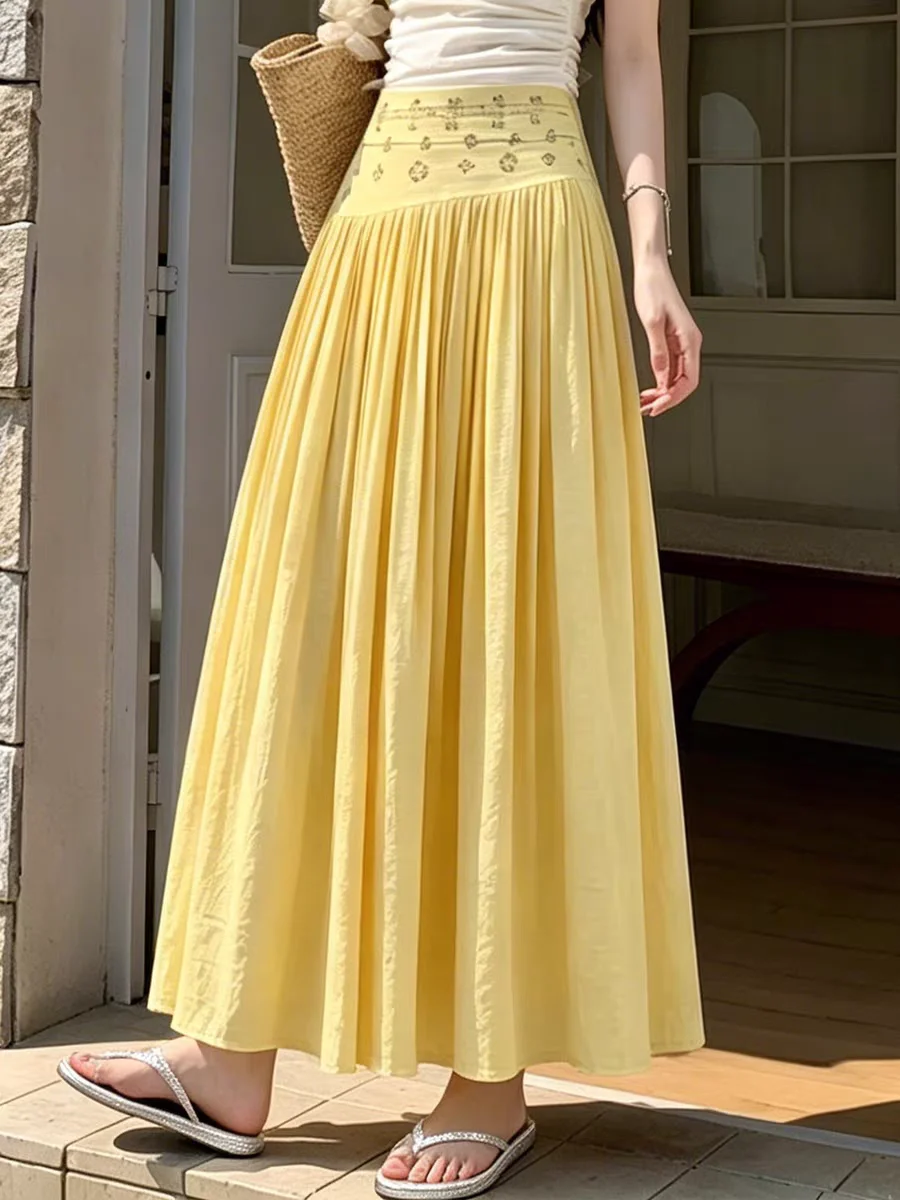 Retro Boho Vacation A-Line Skirts for Women – Lightweight Spring Summer Thin Maxi Skirt, Holiday Casual Flowy Long Skirt