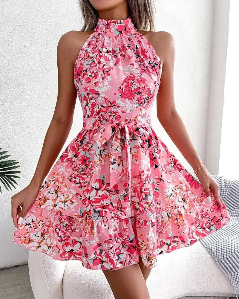 New Women's Fashion Sleeveless  Fragmented Flower Knee Length Dress Ladies Sexy  Hanging Neck and Waist Elegant Dress