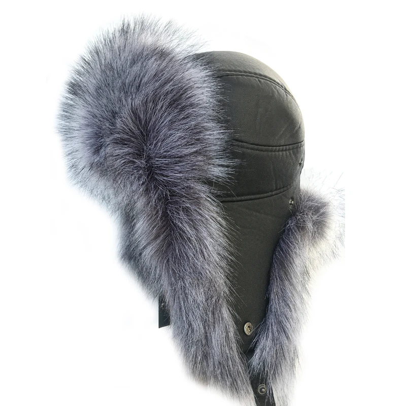 Men's cap-aviator, winter hat made of fox fur, warm ear bomb, artificial leather, fast delivery, discount