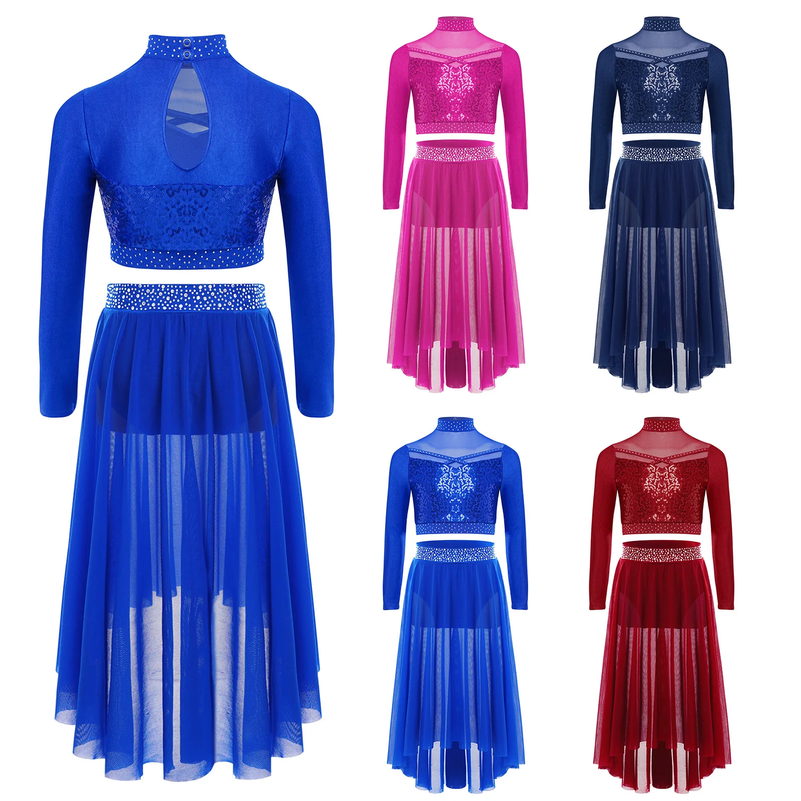 

Kids Girls Lyrical Dance Outfit Rhinestones Sequins Crop Top with High-Low Leotard Skirt Skating Ballet Contemporary Costumes