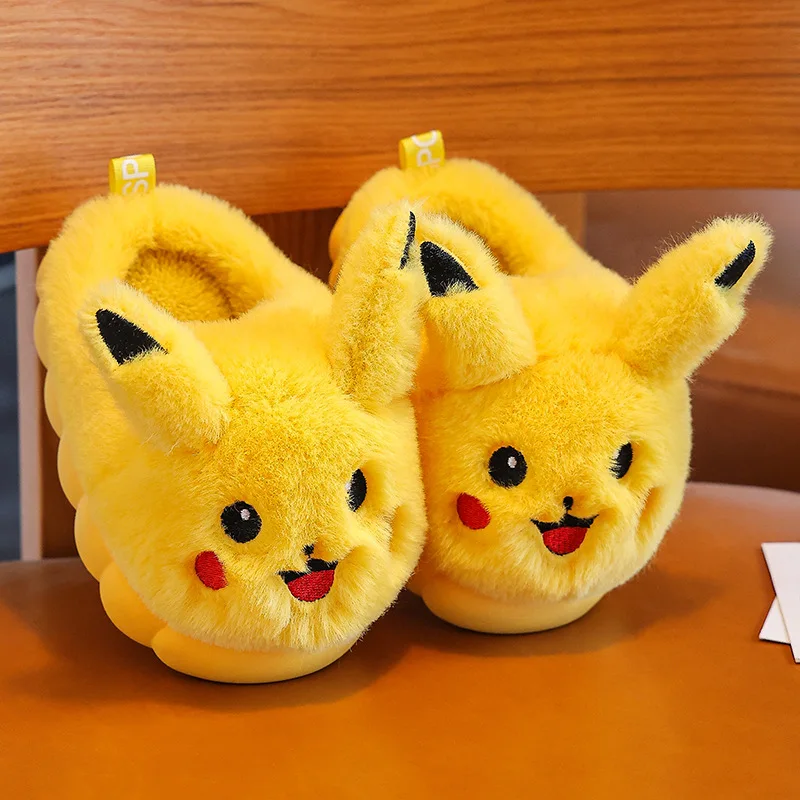 Cute Cartoon Yellow Plush Slippers Kids Winter Warm Furry Home Shoes Thick Sole Non Slip Indoor Wrap Heel Children Cotton Slippe