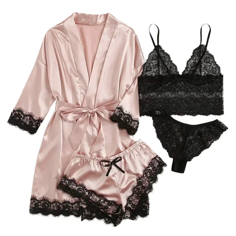 Women\'s Sleepwear Sexy Lace Satin Pajama Sets Sling Nightwear Dress Night-robe 4Pcs Sets Pyjama Sets for Women Lingerie Pijama