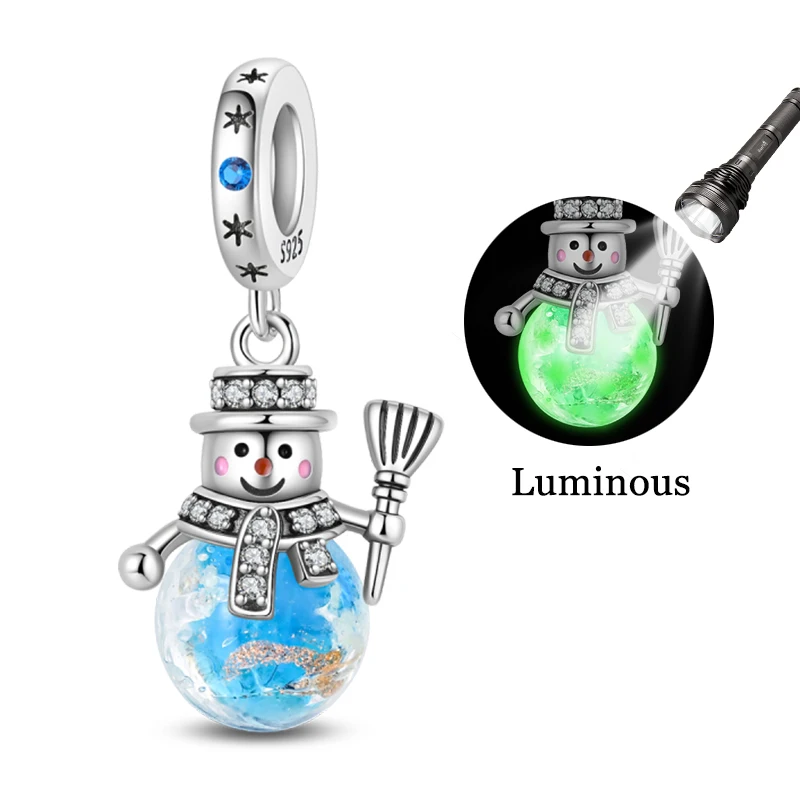 

925 Sterling Silver Exquisite Luminous Snowman Charms Bead Pendant Shining Zircon Dangle Fit Original Bracelet DIY Women Jewelry