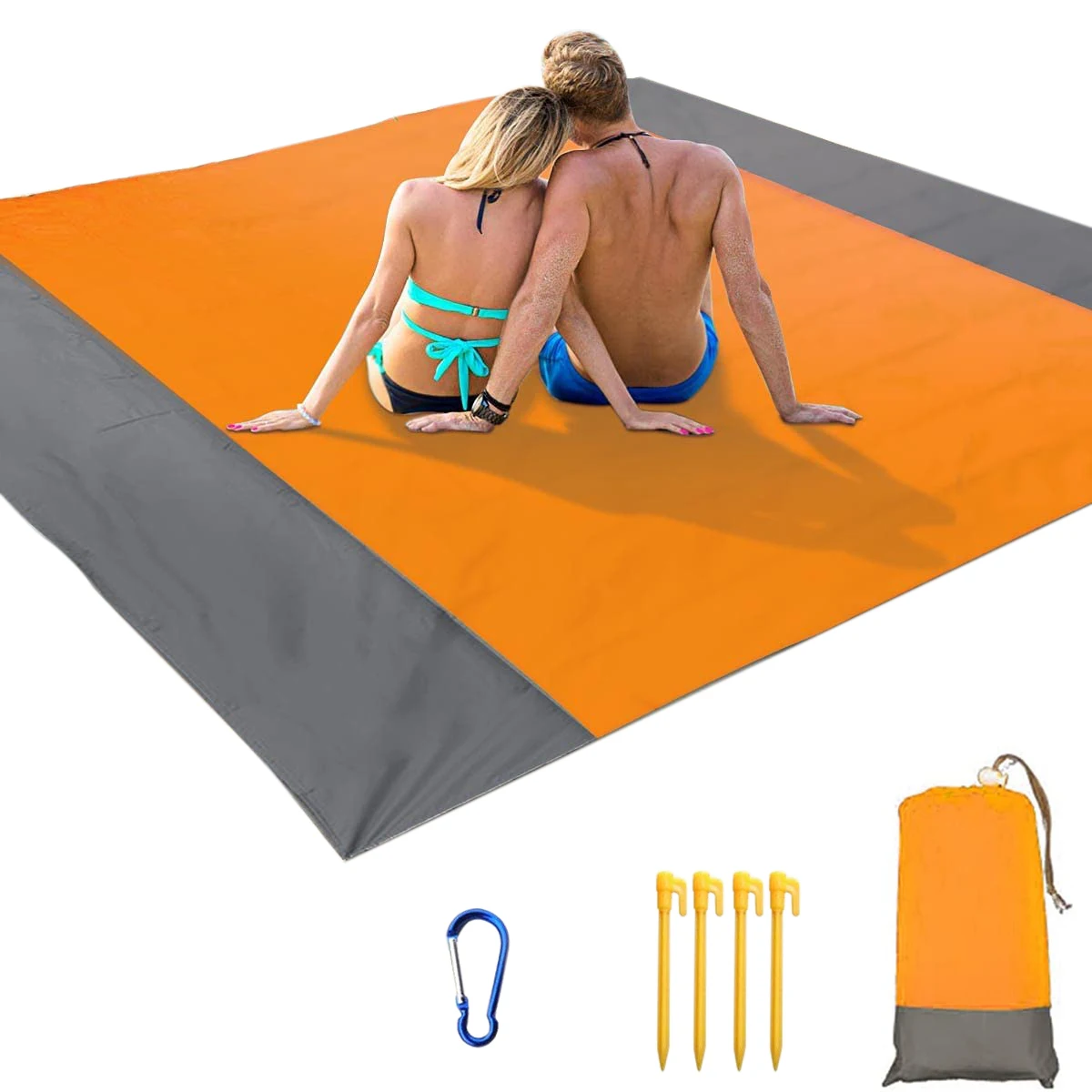 COFA Beach Blanket, 210 x 200cm Picnic Blanket Extra Large Waterproof Beach Mat with 4 Fixed Nails, For Beach, Camping-Orange