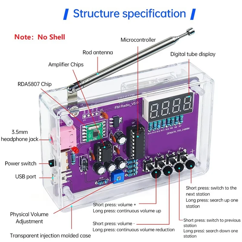 VEHO-Multifunction Radio DIY Kit 87-108Mhz FM Adjustable Radio DIY Module LED Digital Display Volume Adjustable No Shell