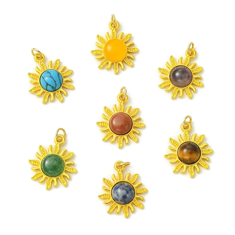 14pcs Sun Shape Alloy Charms Mixed Natural Stone Gemstone Pendants for DIY Bracelet Necklace Earring Jewelry Making Supplies