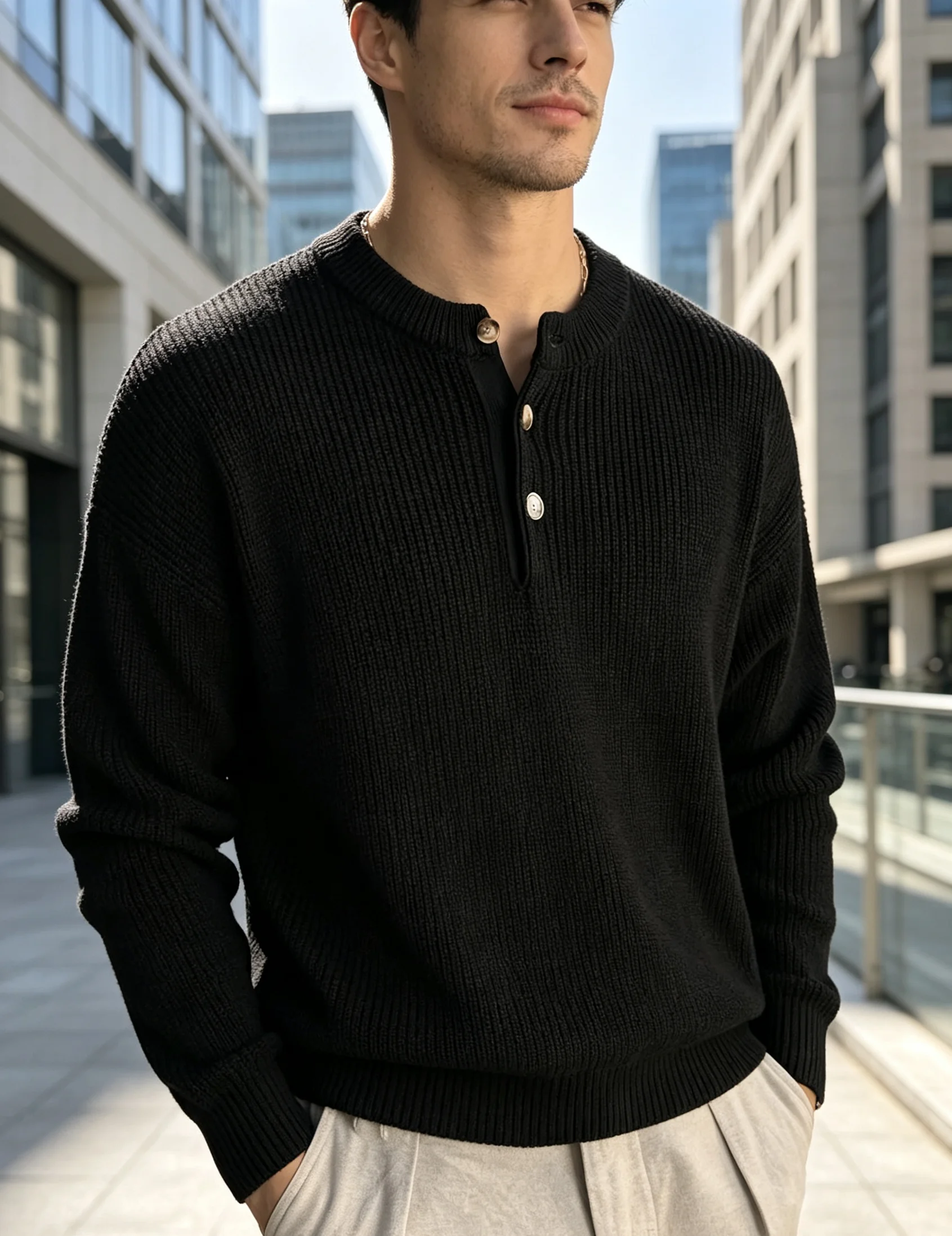 Herren-Pullover mit Henley-Kragen, geripptem Strickmuster, einfarbig schwarz, mit Knöpfen, langärmelig, für Herbst und Winter, lässiger, lockerer Schnitt, strukturierte Strickware. – Detail 3
