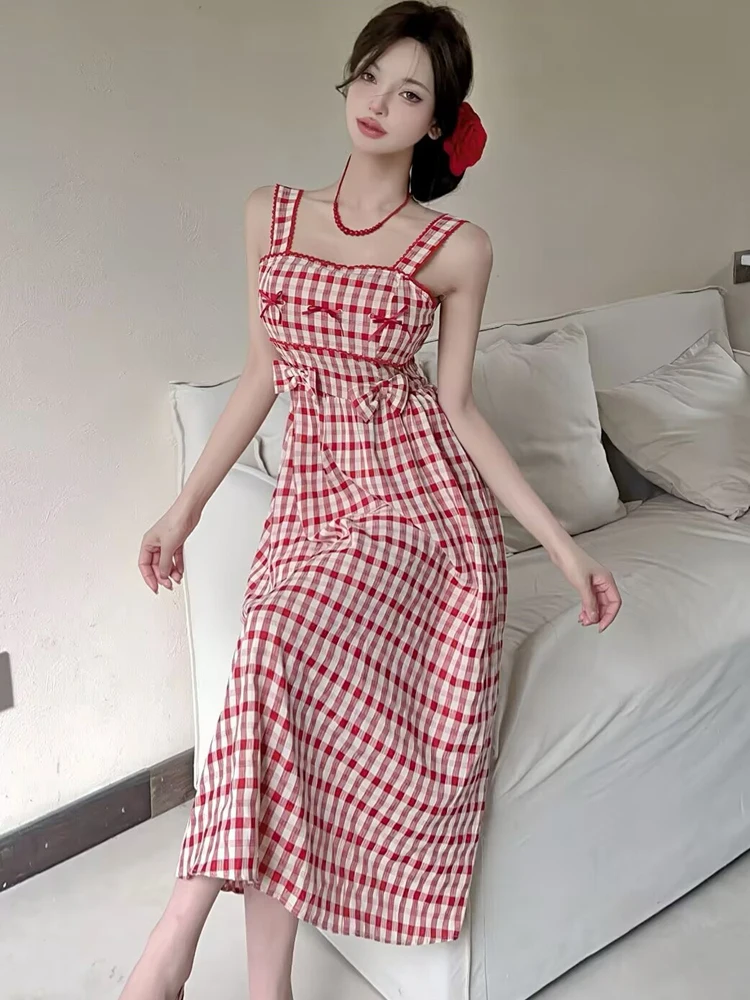 Women Red Plaid Chic Bow Y2k Dress Summer Elegant Bodycon Sling Long  Dresses 2026 Korean Fashion Festival Party Dress and Events - AliExpress  200000345