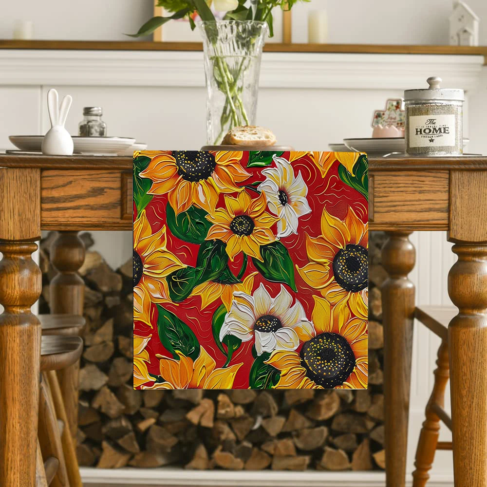 Sunflower Oil Painting Watercolor Table Runners Dresser Table Decor Washable Kitchen Dining Coffee Table Runner Party Decor