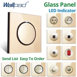 Wallpad Wall 1 2 3 4 Gang 2 Way Light Switch With LED Indicator EU Power Socket Electric Outlet Gold Glass Panel AC220V