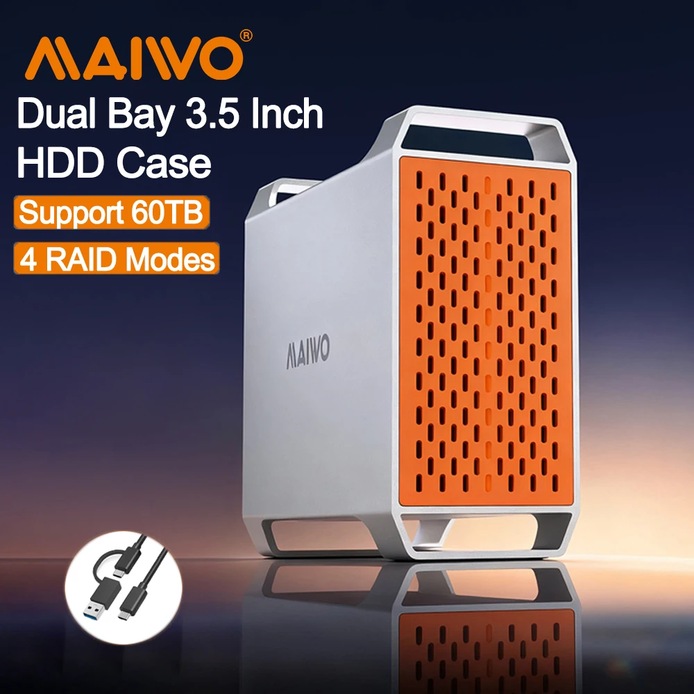 MAIWO 2 Bay HDD Docking Station SATA To USB Type-C Hard Drive Enclosure for 2.5/3.5 Inch Hard Drive Case with 4 RAID Modes Case