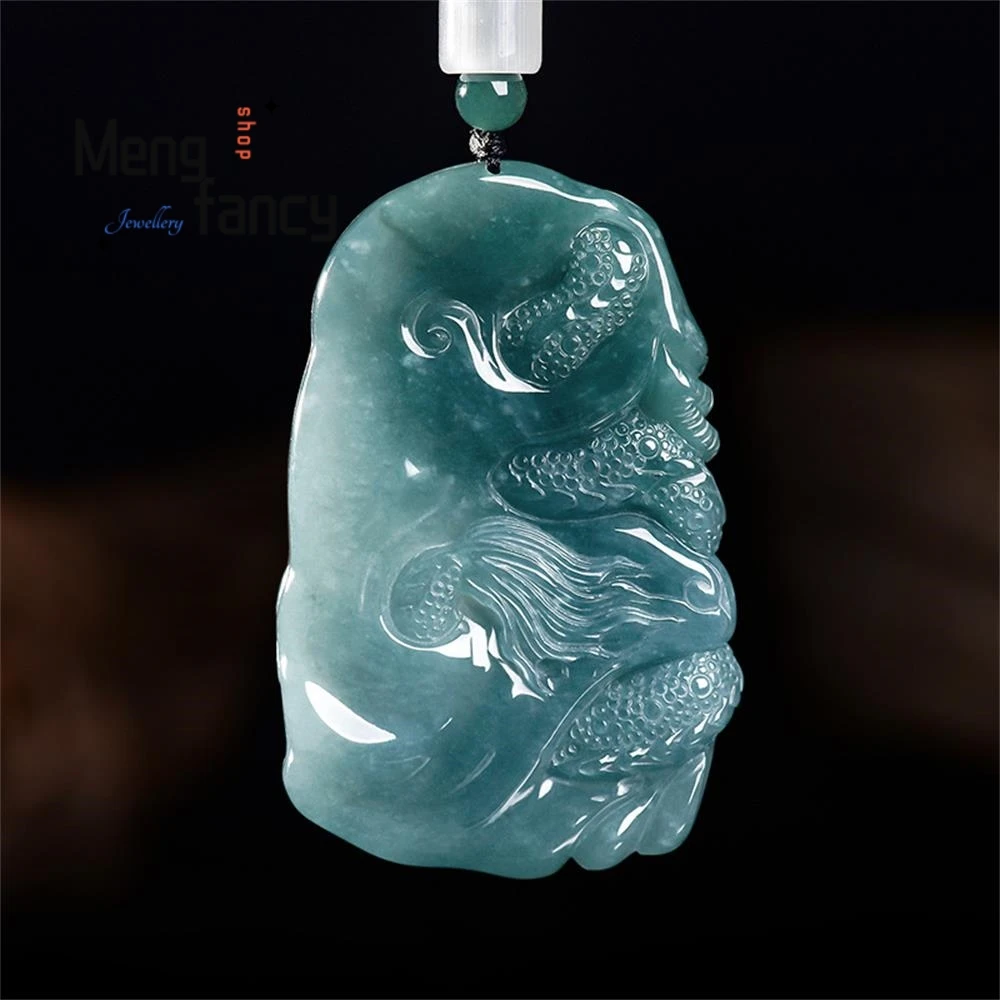 Natural A-grade Jadeite Blue Water Domineering Divine Dragon Protector Zodiac Dragon Ice Seed Jade Pendant Couple Luxury Jewelry