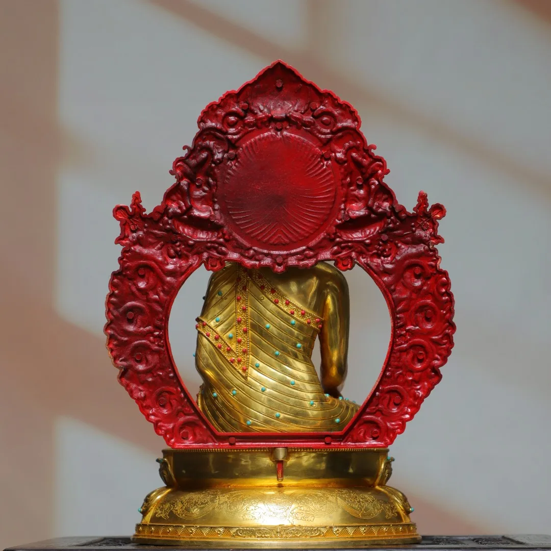 Old Bronze Gilded Painted Face Mosaic Gem Beast pattern backlight Shakyamuni Sitting Buddha Buddha Terrace Amitabha Town house
