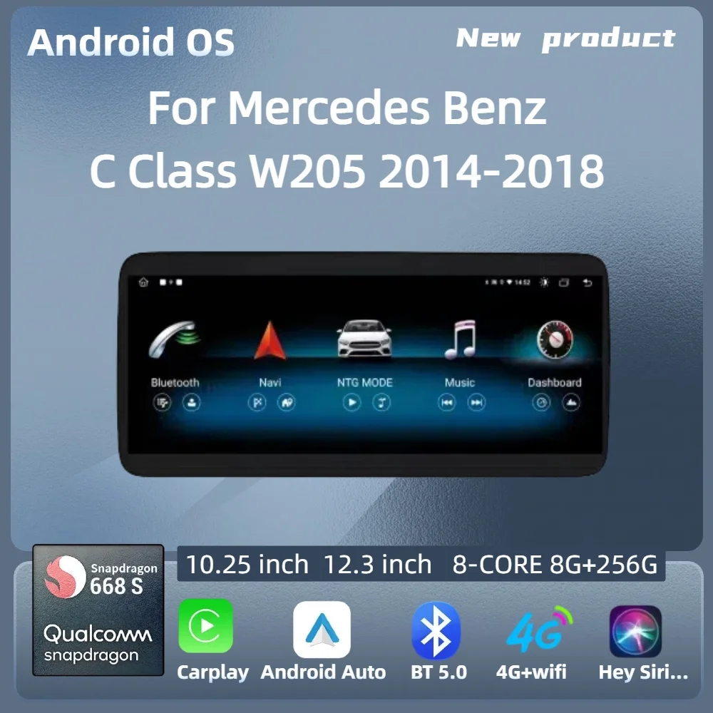 

For Mercedes Benz C Class W205 2014-2018 Car Radio Android 14 Wireless Carplay Snapdragon 680 CPU SM6225 Head Unit Touch Screen