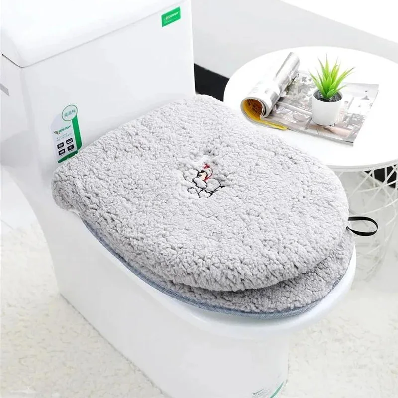 2 Pcs/Set Toilet Seat Mat Set Zipper Toilet Seat Covers Soft Warmer Coral Velvet Bathroom Mat Universal Toilet Seat Covers