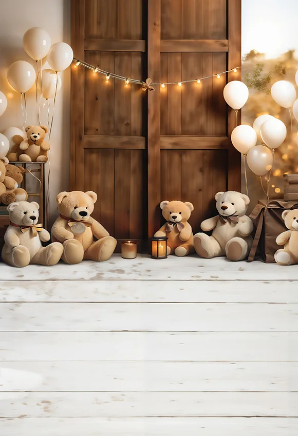 Mehofond-Toile de Fond pour Photographie de Nouveau-Né, Décor de Gâteau d'Anniversaire, Porte en Bois, Jouet Ours, Ballon, Paillettes, Studio Photo