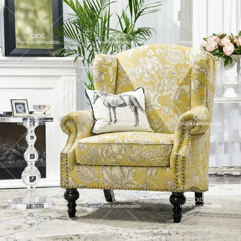 Retro Tiger Print High Back Armchair Yellow Floral Latex Fabric Single Sofa Chair for Living Room Bedroom Small Apartment
