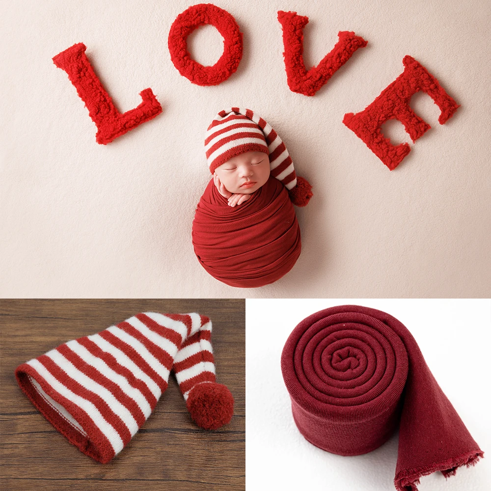 

Эластичная повязка для фотосессии новорожденных со шляпой для реквизита для фотографий, красное украшение в виде любовного письма, полосатая детская шапка, аксессуары для детской фотосессии