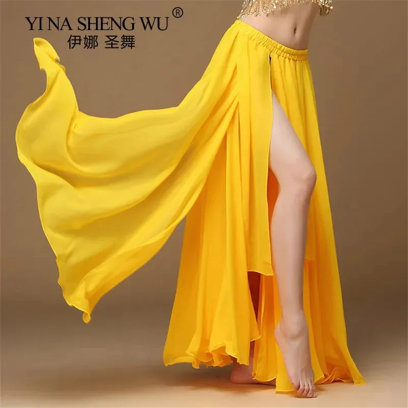 

Женская юбка для танца живота, однотонная длинная юбка для восточного танца с высокой талией, Индия, Болливуд, односторонняя практика, разделенная длинная юбка для танца живота