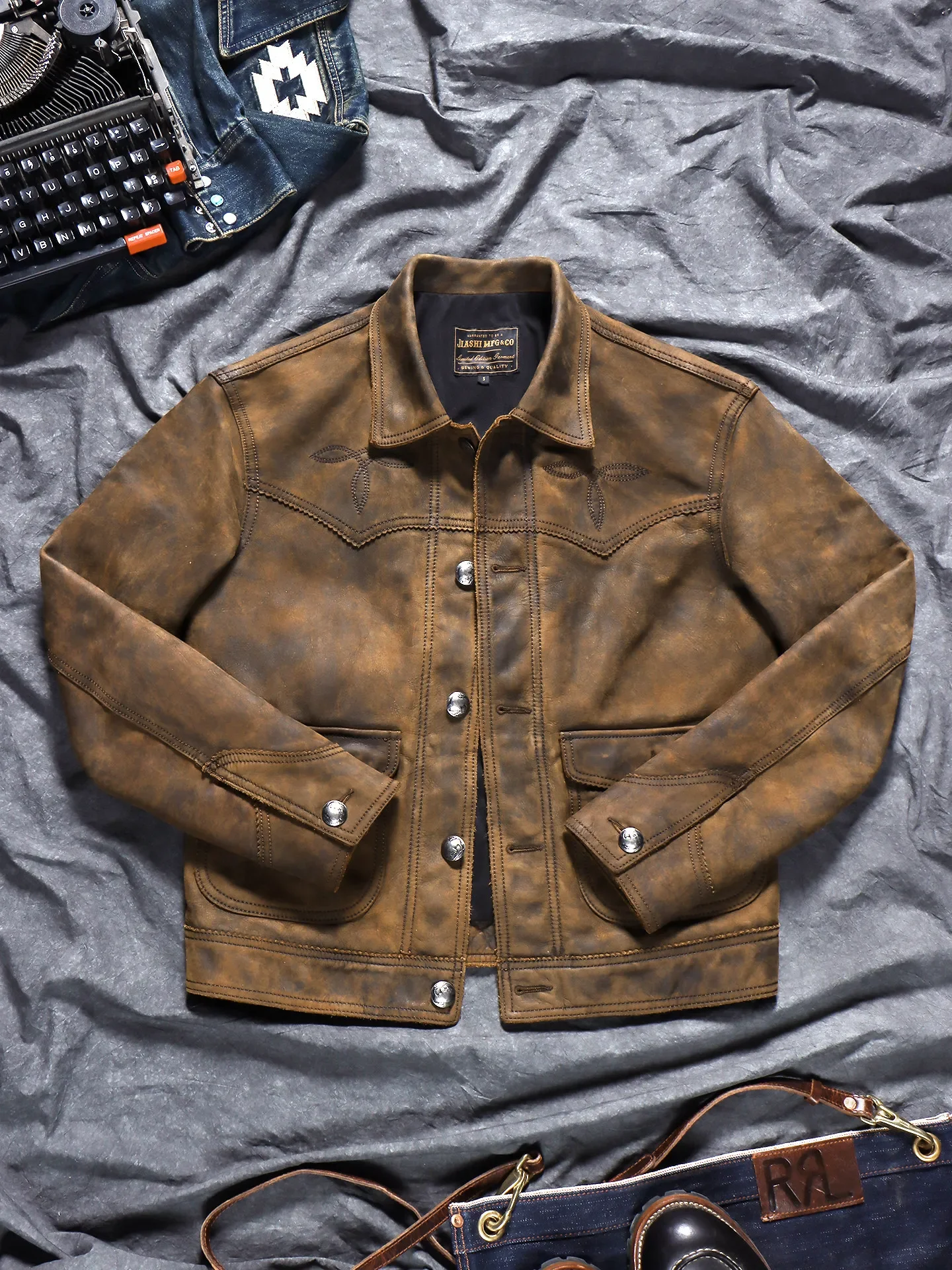 Old men's leather jacket without cowhide, American retro lapel farmer's tooling leather jacket